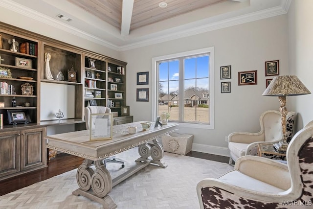 home office featuring crown molding, a tray ceiling, and light hardwood / wood-style floors