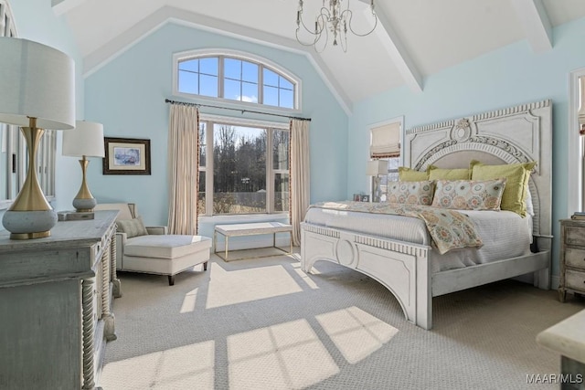 bedroom with an inviting chandelier, high vaulted ceiling, light carpet, and beamed ceiling