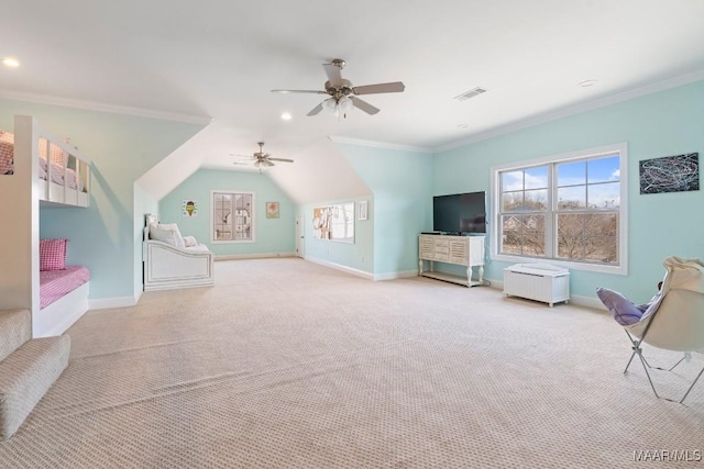 unfurnished bedroom with multiple windows, light colored carpet, and ornamental molding