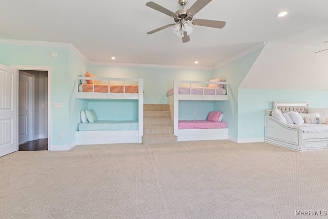 unfurnished bedroom featuring light carpet, ornamental molding, and ceiling fan