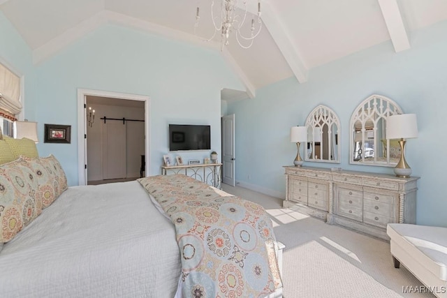 carpeted bedroom featuring a notable chandelier, beam ceiling, and high vaulted ceiling