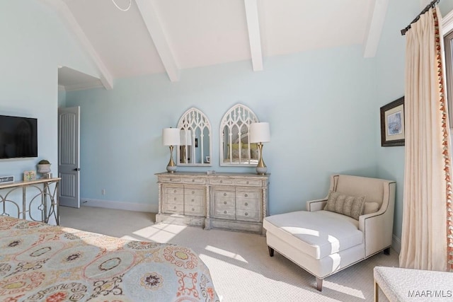 carpeted bedroom featuring vaulted ceiling with beams