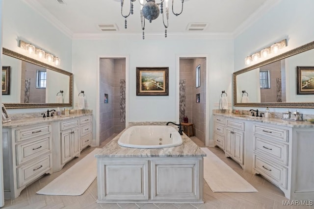 bathroom featuring crown molding, vanity, and parquet floors