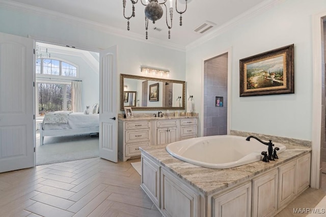 bathroom featuring a tub, parquet floors, vanity, a notable chandelier, and crown molding