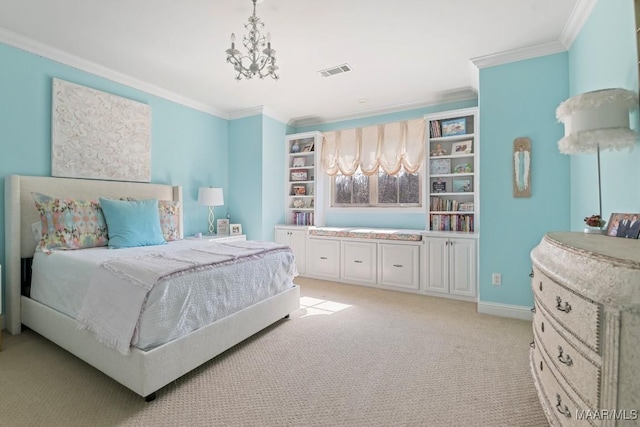 bedroom featuring ornamental molding, light carpet, and a notable chandelier