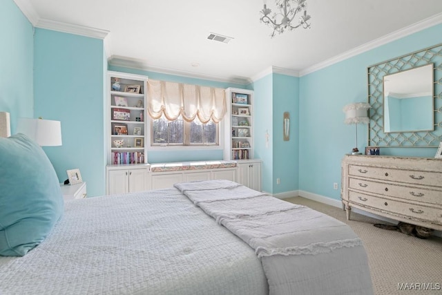 carpeted bedroom featuring ornamental molding