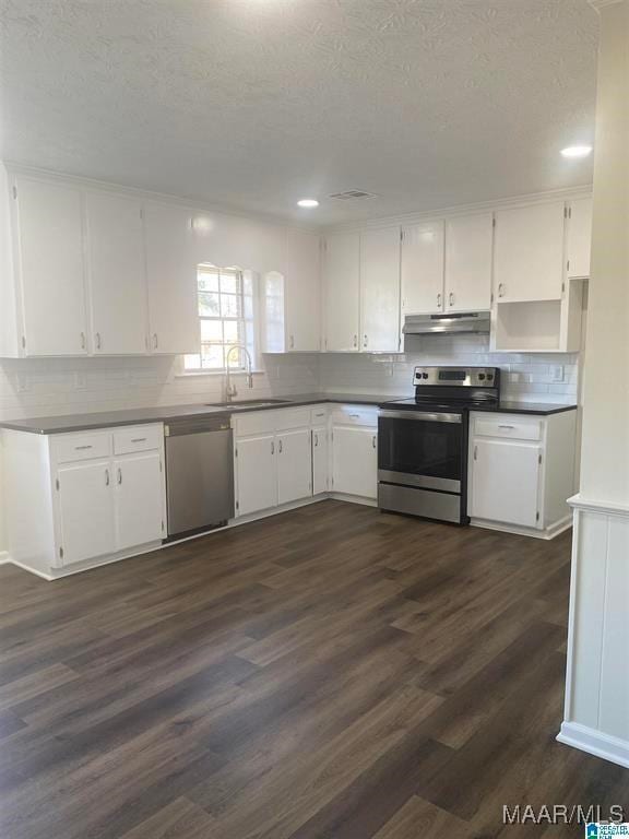 kitchen with stainless steel appliances, dark hardwood / wood-style floors, sink, and white cabinets