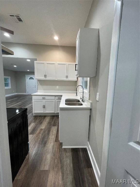 kitchen with sink, a textured ceiling, dark hardwood / wood-style floors, and white cabinets