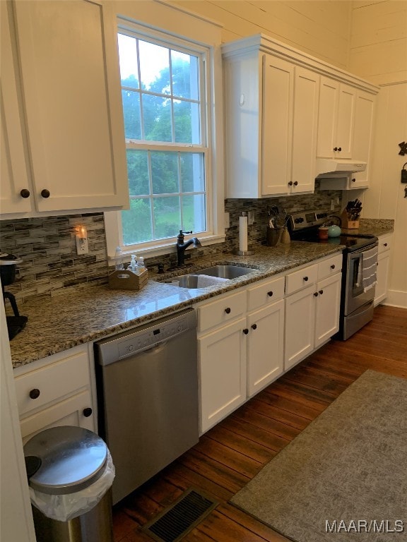 kitchen featuring white cabinetry, appliances with stainless steel finishes, sink, and dark wood-type flooring