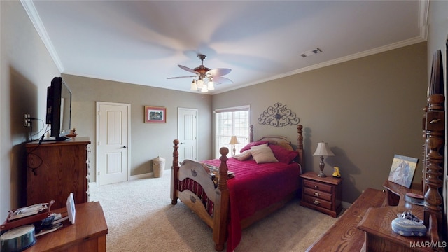 bedroom featuring light colored carpet, a ceiling fan, baseboards, visible vents, and ornamental molding