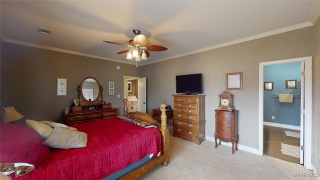 bedroom featuring ornamental molding, light colored carpet, visible vents, and baseboards