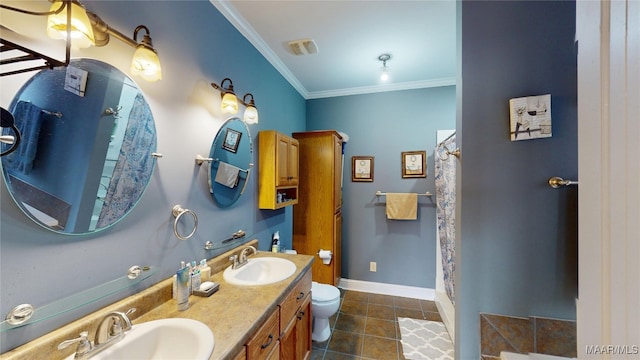 bathroom with baseboards, tile patterned floors, a sink, and crown molding