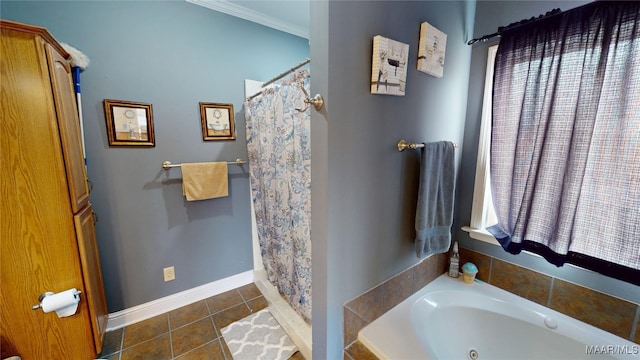 full bathroom featuring baseboards, a shower with curtain, tile patterned floors, crown molding, and a bath