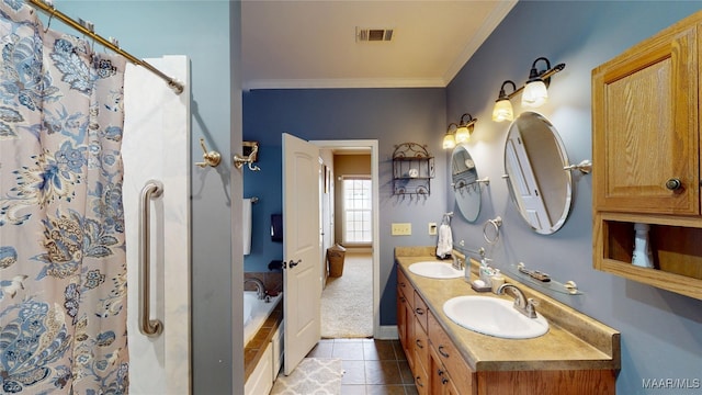 bathroom with tile patterned flooring, visible vents, a sink, and ornamental molding