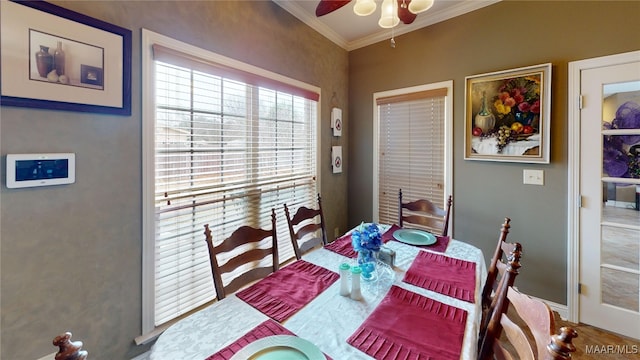 dining space featuring ornamental molding and a ceiling fan