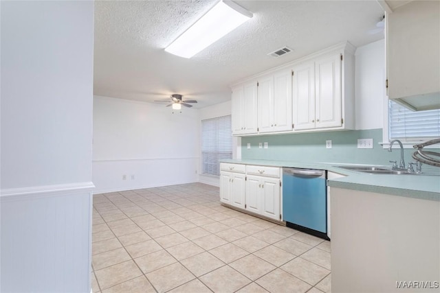 kitchen featuring visible vents, dishwasher, a sink, and white cabinetry