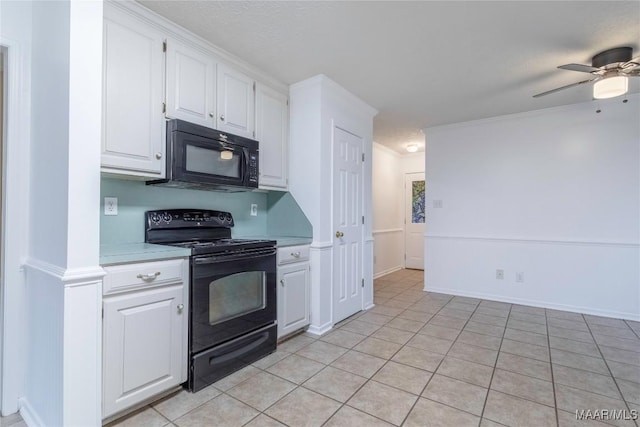 kitchen with white cabinets, a ceiling fan, light countertops, black appliances, and light tile patterned flooring