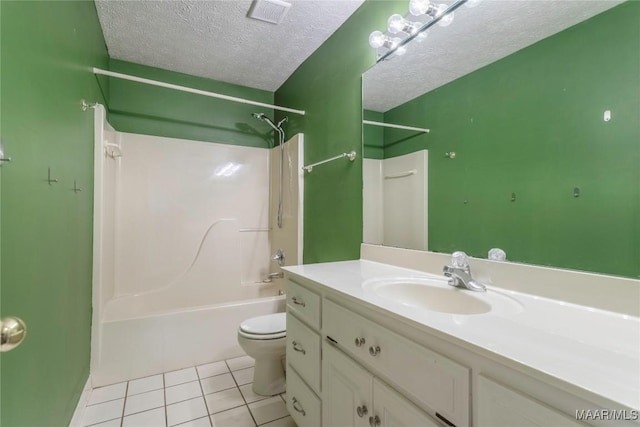 bathroom featuring visible vents, toilet,  shower combination, tile patterned flooring, and a textured ceiling