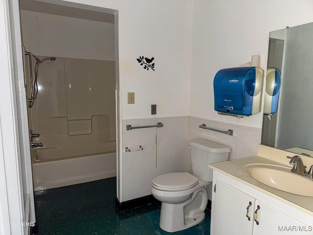 full bathroom featuring bathtub / shower combination, vanity, and toilet