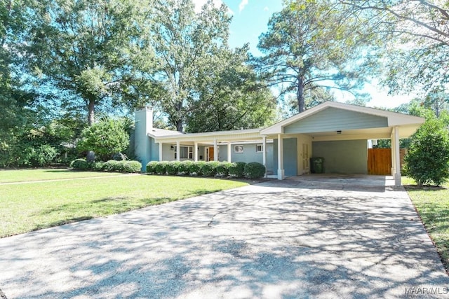 single story home featuring driveway, a chimney, stucco siding, a front lawn, and a carport