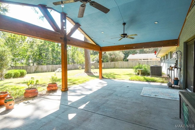 view of patio featuring a fenced backyard, central AC unit, and a ceiling fan