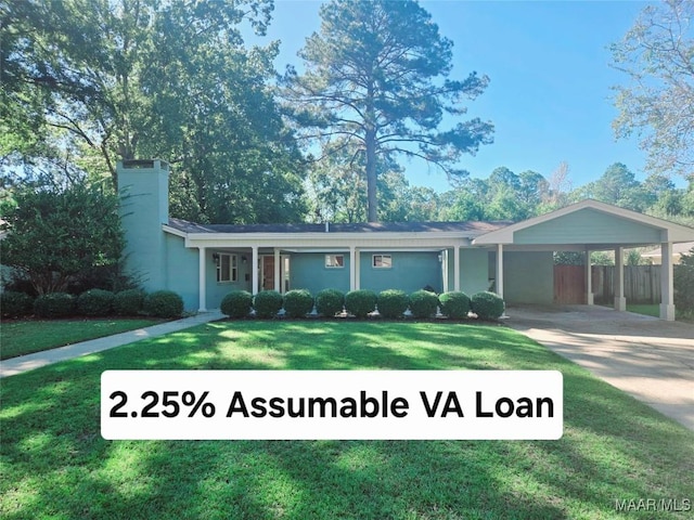 single story home featuring an attached carport, fence, stucco siding, a front lawn, and concrete driveway