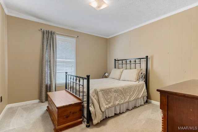 bedroom featuring crown molding, light colored carpet, and a textured ceiling