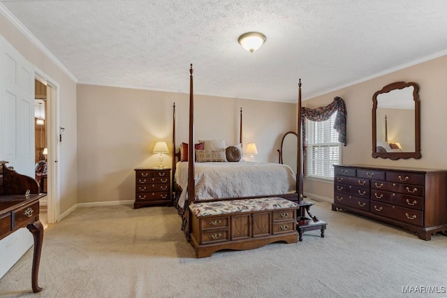 bedroom featuring crown molding, light carpet, and a textured ceiling