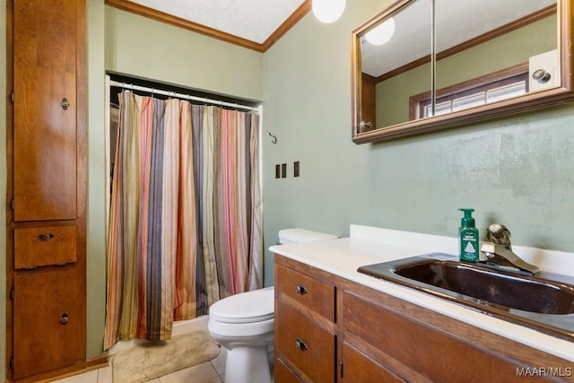 bathroom with crown molding, tile patterned flooring, vanity, a shower with curtain, and toilet