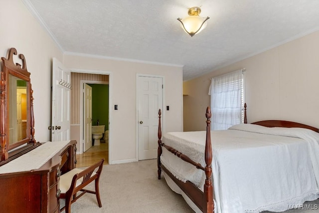 bedroom featuring crown molding, light colored carpet, and a textured ceiling