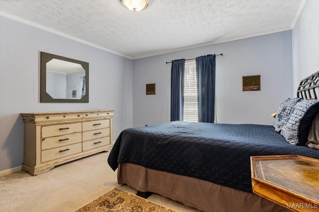 bedroom with crown molding, carpet, and a textured ceiling