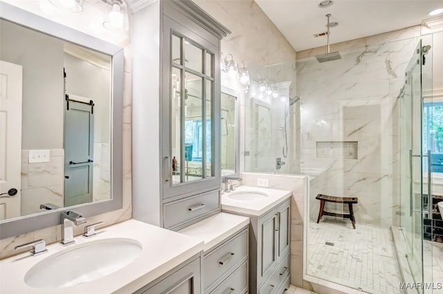 bathroom with vanity and an enclosed shower