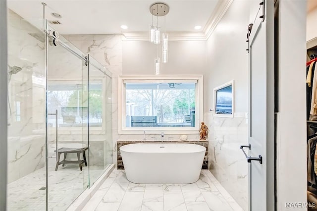 bathroom featuring crown molding and shower with separate bathtub