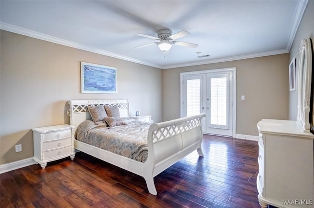 bedroom with french doors, crown molding, dark hardwood / wood-style flooring, ceiling fan, and access to exterior