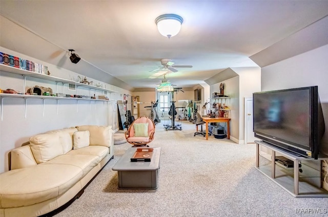 carpeted living room featuring ceiling fan