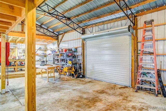 garage with a workshop area