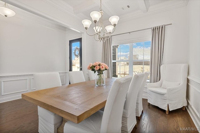 dining room featuring dark wood-type flooring, beam ceiling, coffered ceiling, ornamental molding, and a chandelier