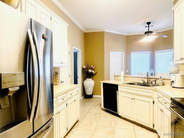 kitchen with white cabinetry, crown molding, appliances with stainless steel finishes, and sink