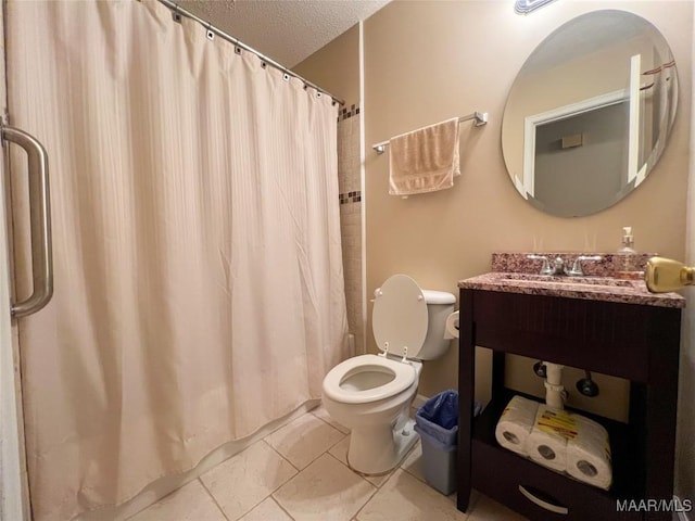 bathroom featuring sink, tile patterned flooring, walk in shower, toilet, and a textured ceiling