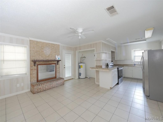 kitchen featuring crown molding, a brick fireplace, appliances with stainless steel finishes, electric water heater, and white cabinets