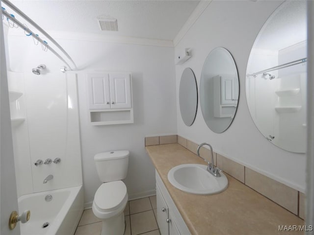 full bathroom featuring shower / bathing tub combination, vanity, ornamental molding, toilet, and tile patterned floors