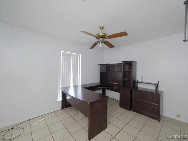 home office with ceiling fan, ornamental molding, and light tile patterned floors