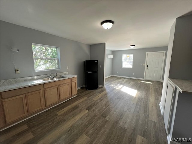 kitchen with black fridge, dark hardwood / wood-style floors, and sink