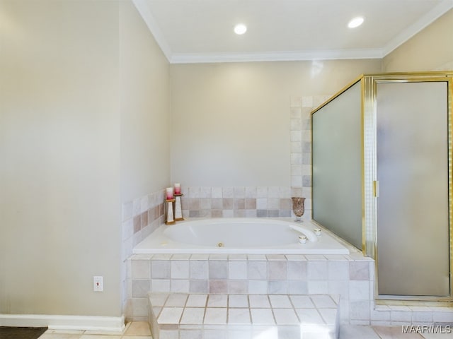 bathroom featuring tile patterned flooring, crown molding, and independent shower and bath