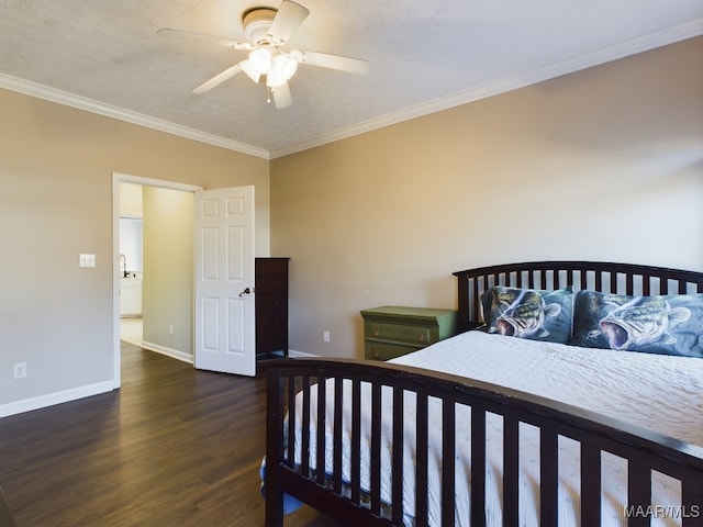 bedroom with crown molding, ceiling fan, dark hardwood / wood-style floors, and a textured ceiling