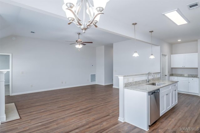 kitchen featuring white cabinetry, pendant lighting, sink, and stainless steel dishwasher