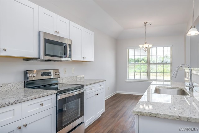 kitchen featuring stainless steel appliances, hanging light fixtures, sink, and white cabinets