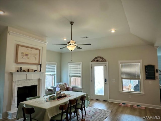 dining area featuring a healthy amount of sunlight, a fireplace, baseboards, and wood finished floors