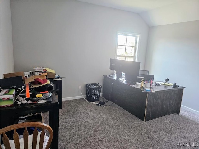 office space with carpet flooring and lofted ceiling