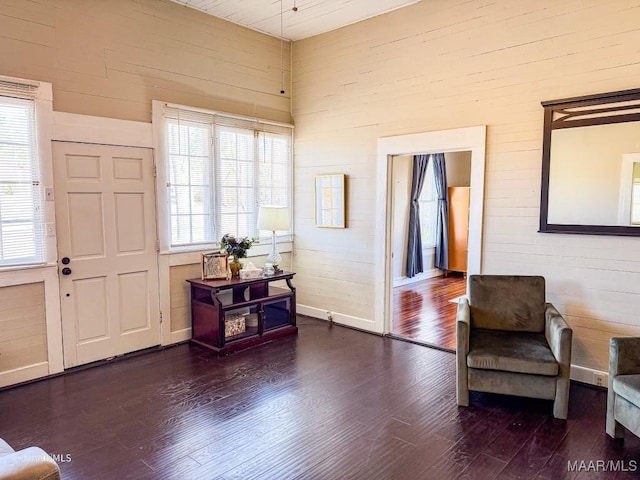 foyer with dark hardwood / wood-style flooring, plenty of natural light, and wooden walls